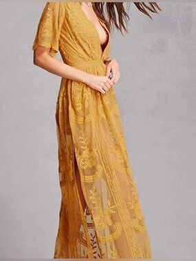 Socialite Mustard Lace Maxi Dress with V-Neck